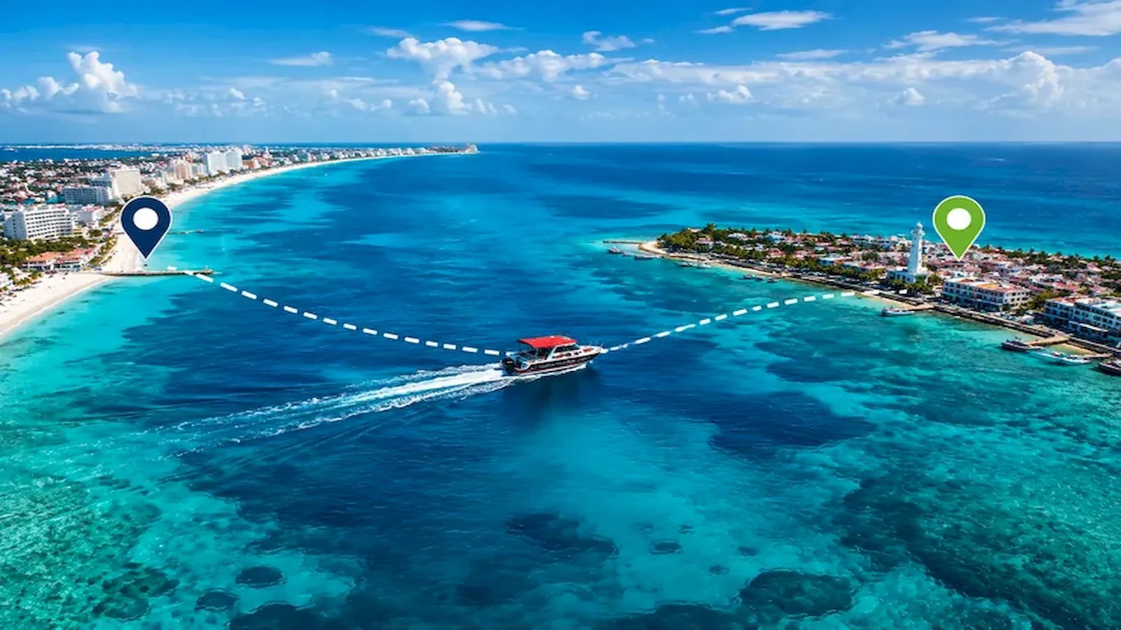Aerial view of the sea route between Cancun and Isla Mujeres