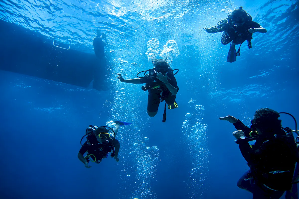 Group of scuba divers exploring clear Caribbean water