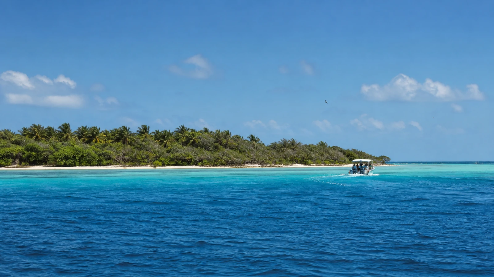 Boat approaching protected Isla Contoy across turquoise Caribbean water