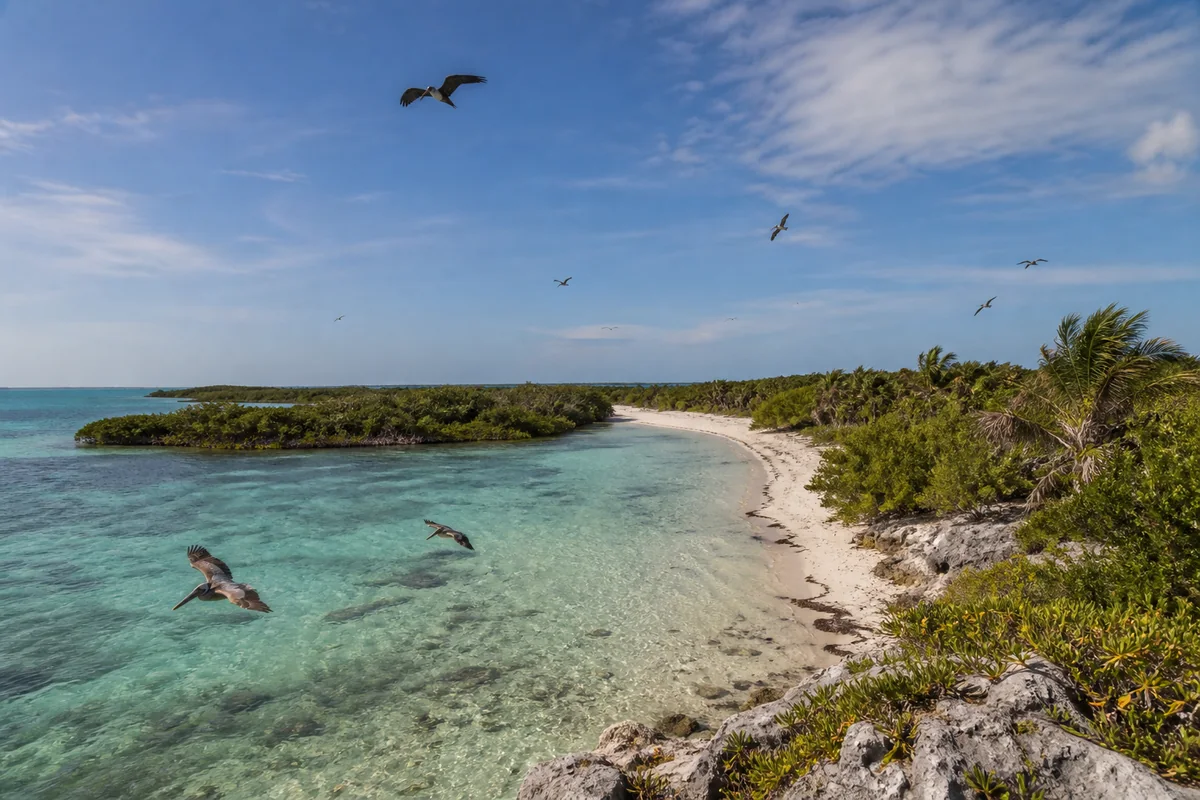 Protected beach, mangroves and seabirds at Isla Contoy National Park