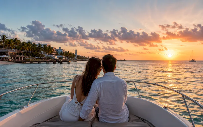 Couple relaxing on a private boat at sunset