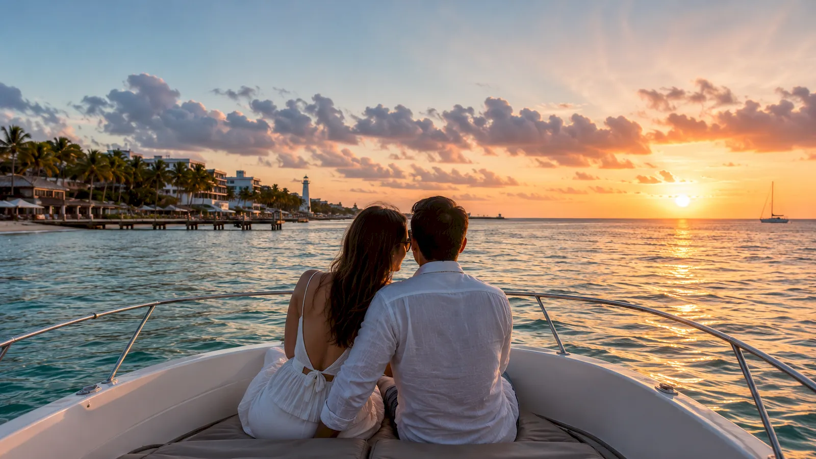 Couple relaxing on a private boat at sunset