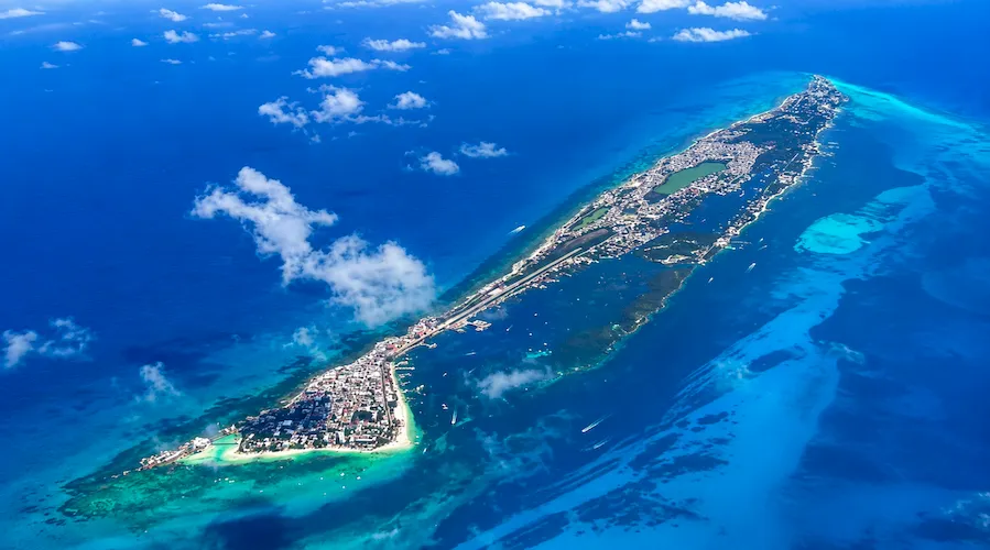 Aerial view of Isla Mujeres and the Caribbean Sea