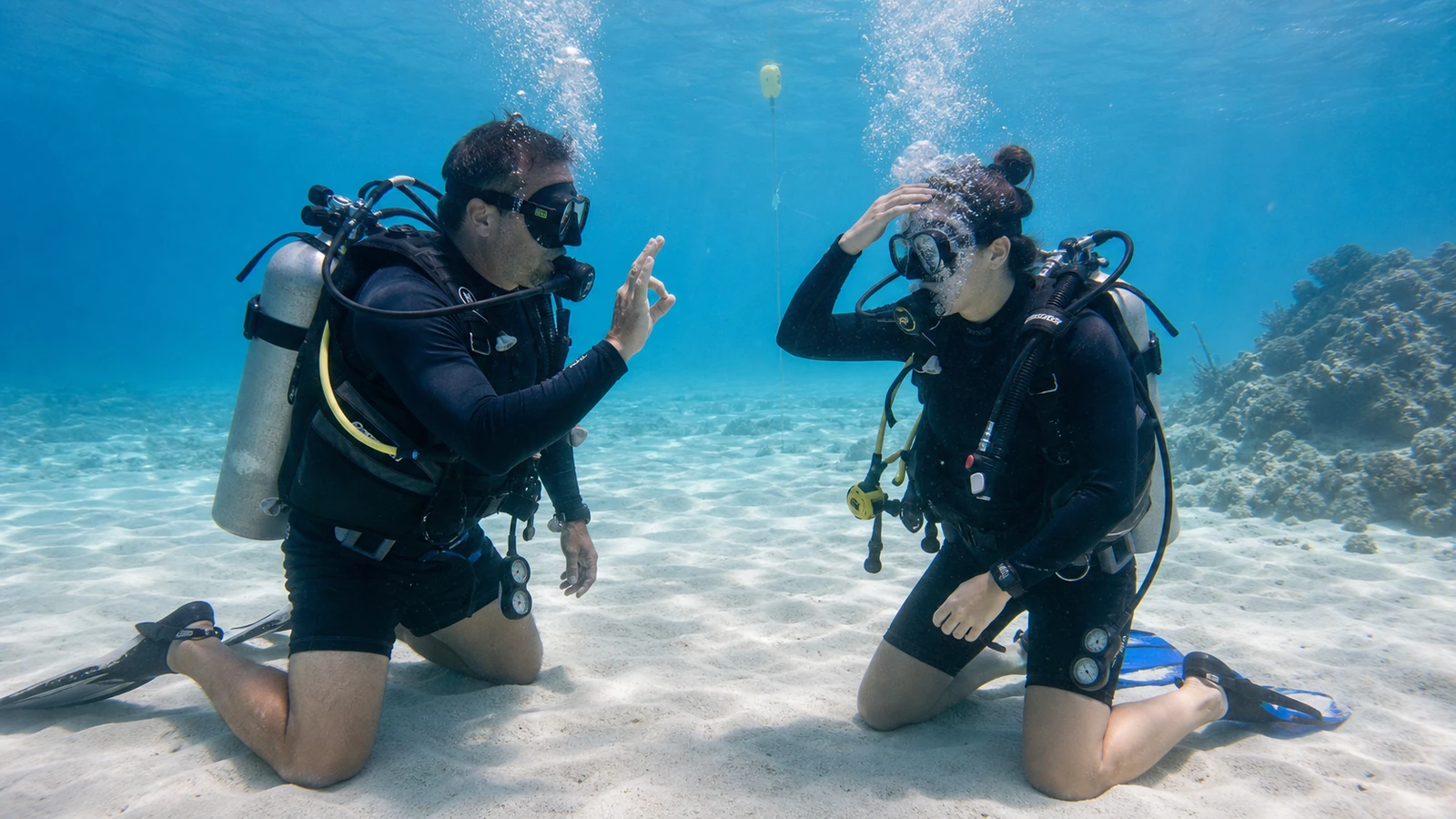 Scuba instructor supervising a student practicing mask clearing in Isla Mujeres