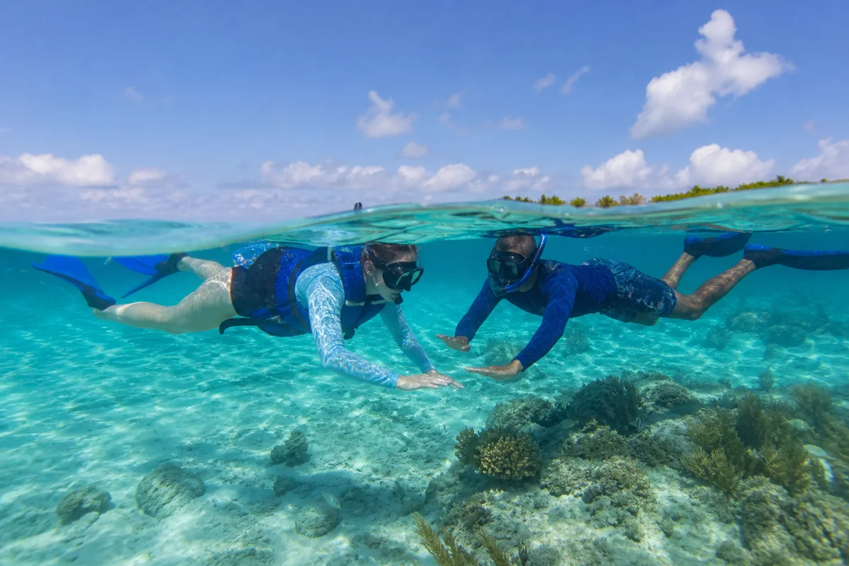 Beginner snorkeler practicing a calm horizontal position beside a guide in clear Isla Mujeres water