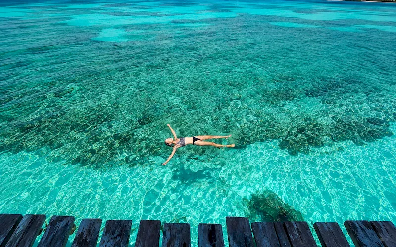 Snorkeler above a shallow Caribbean reef